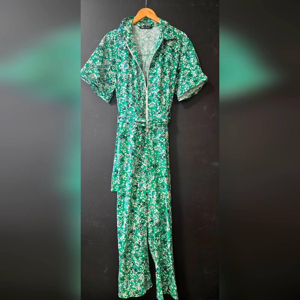 Zara Green and White Floral Pattern Jumpsuit